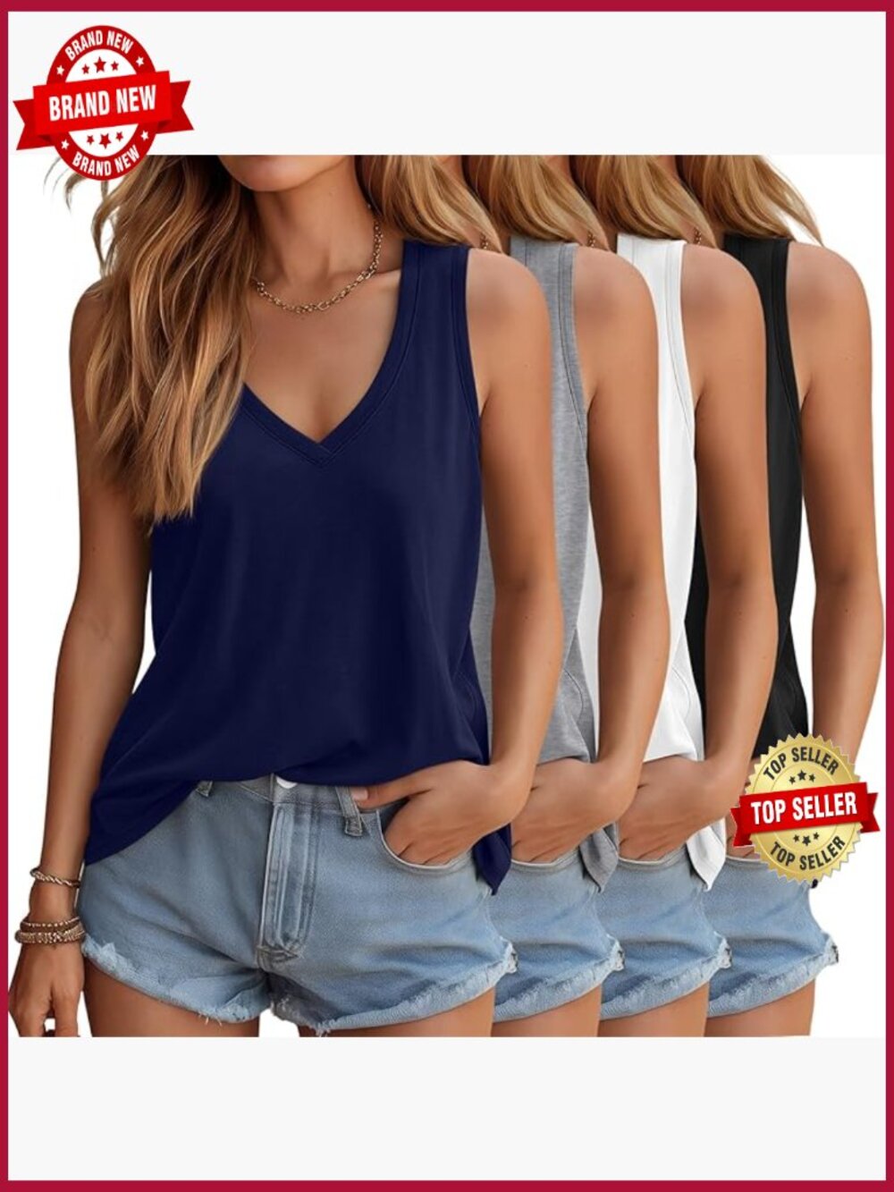 4 Pack Womens Tank Tops Sleeveless V Neck Casual Summer Loose Fit T Shirts